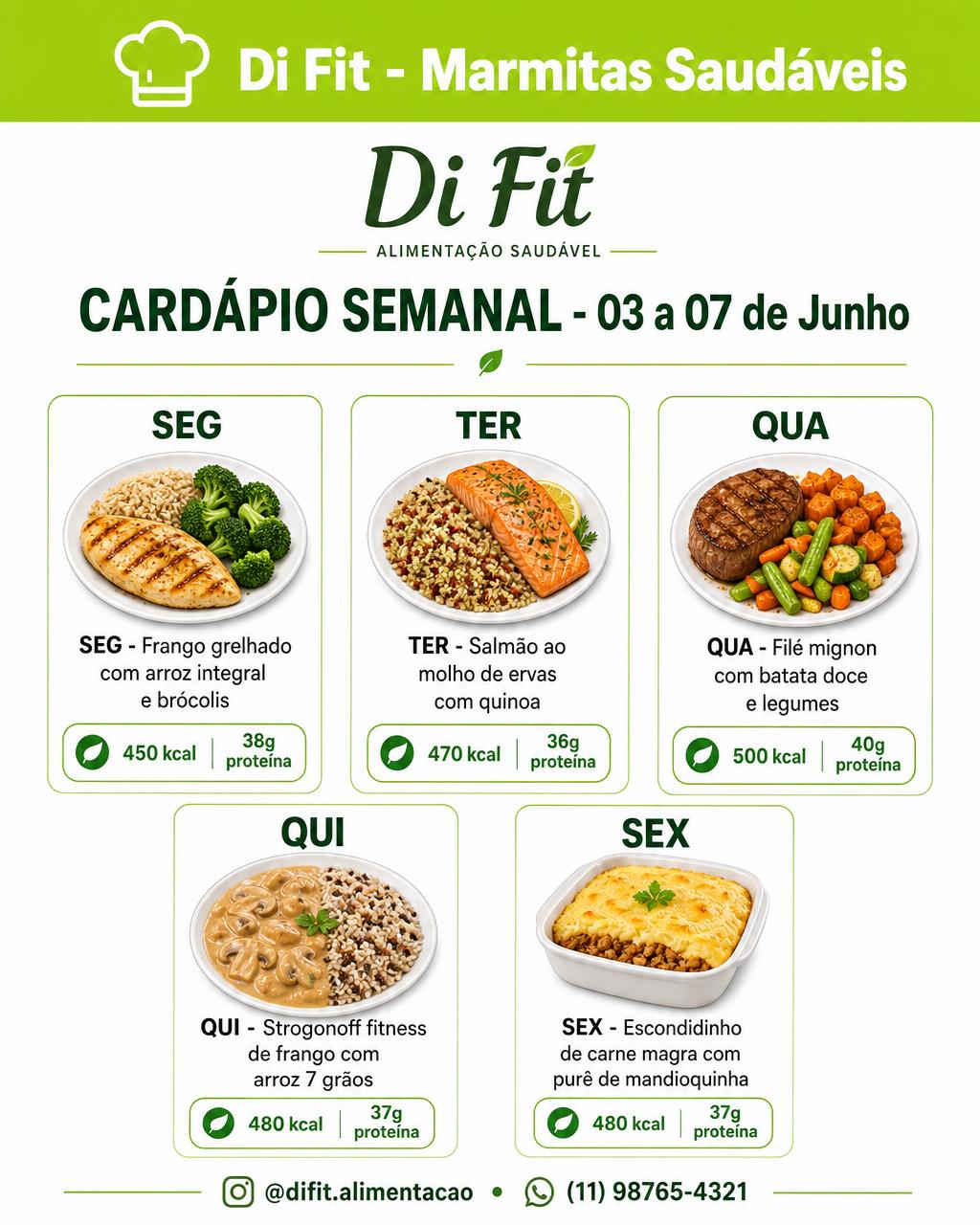 Exemplo: Cardápio semanal gerado no MarmiHub para Di Fit Alimentação Saudável