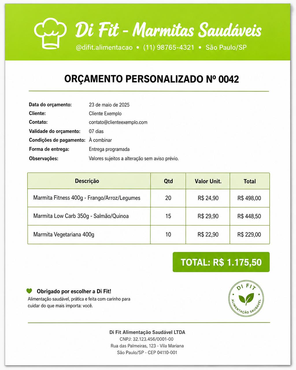 Exemplo: Orçamento personalizado gerado no MarmiHub para Di Fit Alimentação Saudável