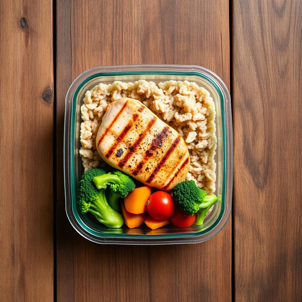 Marmita fitness com frango, arroz integral e legumes